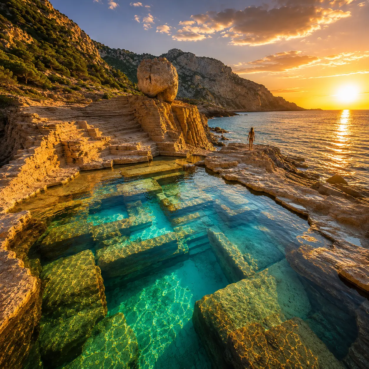 Piscines naturelles d’Ibiza au coucher du soleil