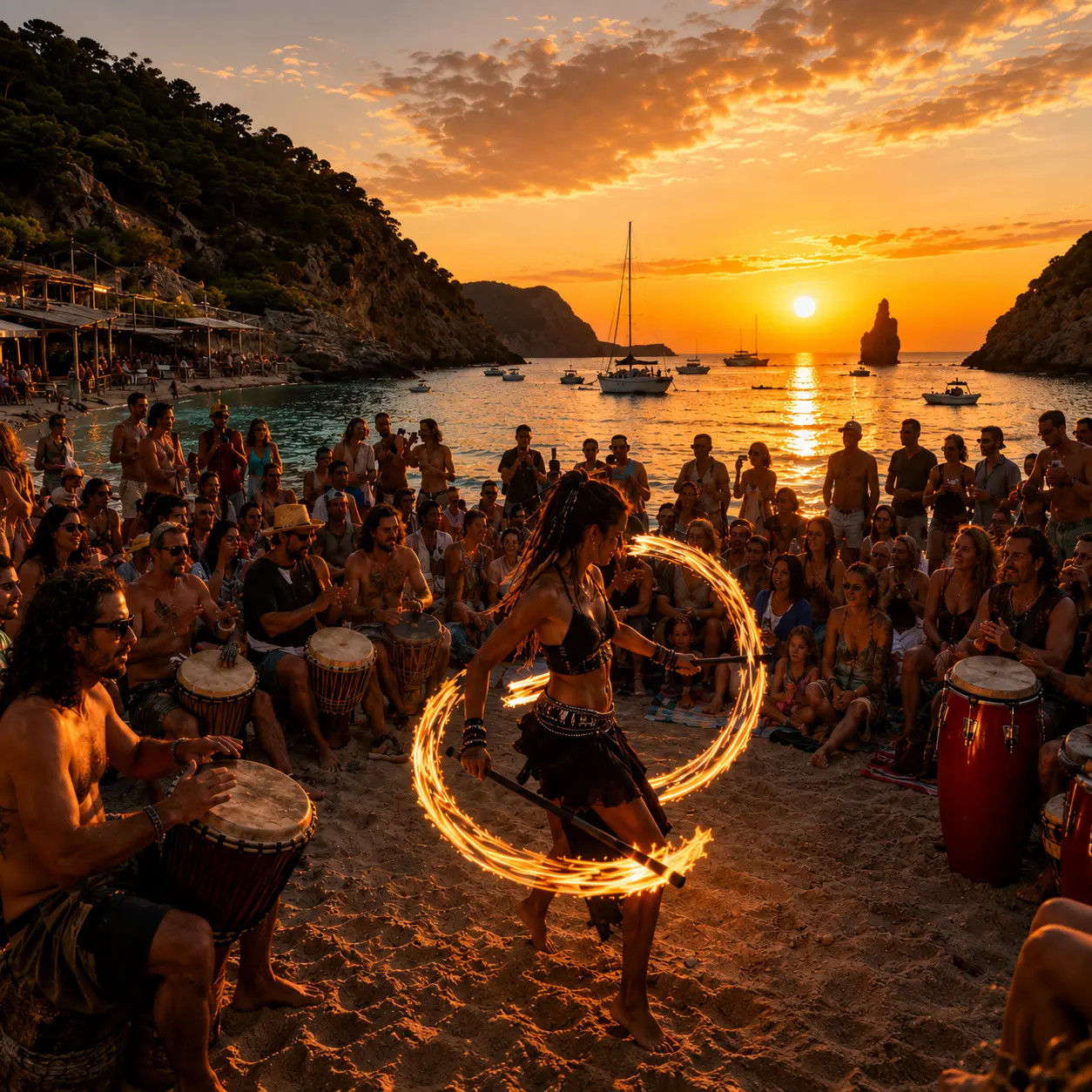 1. Fête Tam Tam Hippie et spectacle de feu au coucher du soleil