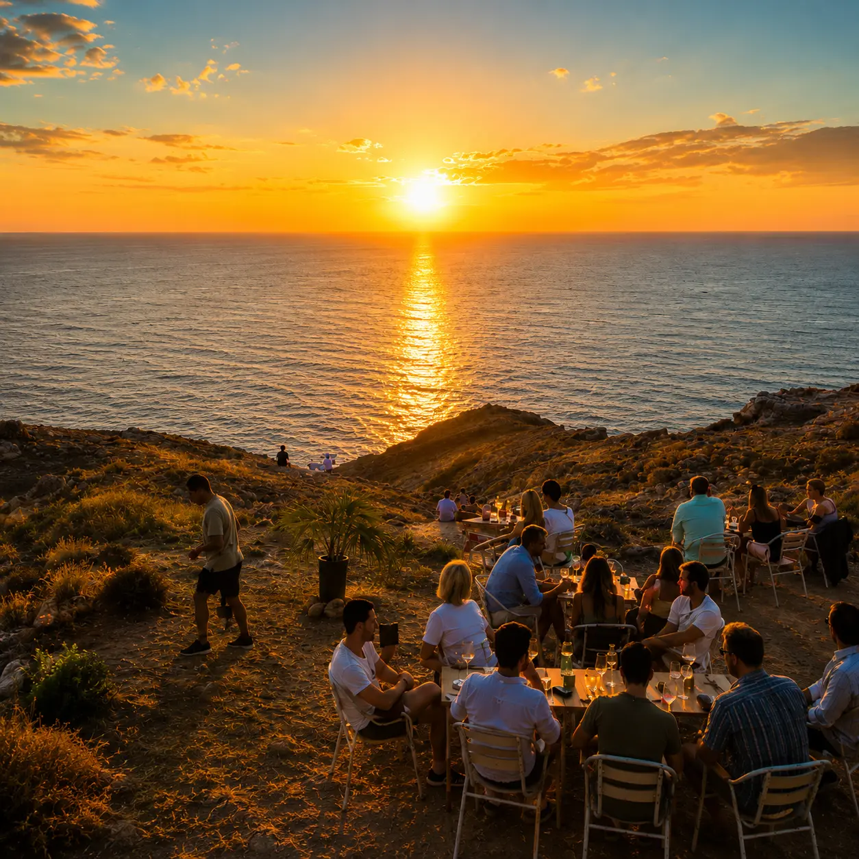 Pique-nique en groupe au coucher du soleil à Ibiza