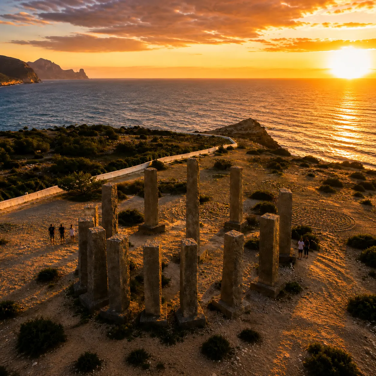Vestiges de la Cité du soleil au coucher du soleil à Ibiza